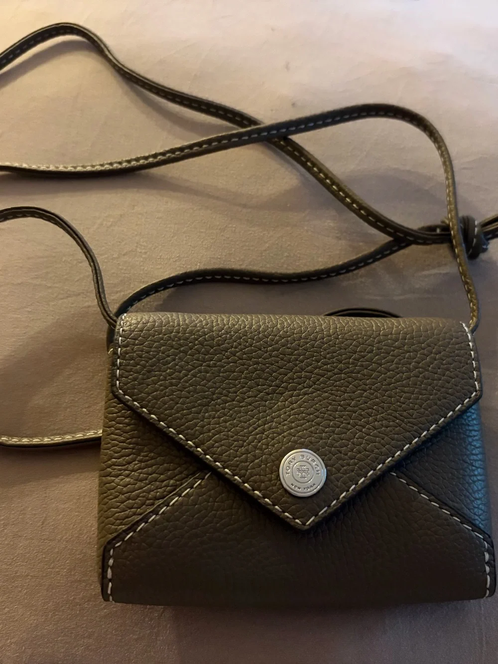 Tory Burch Taupe Pebbled Leather Envelope Crossbody